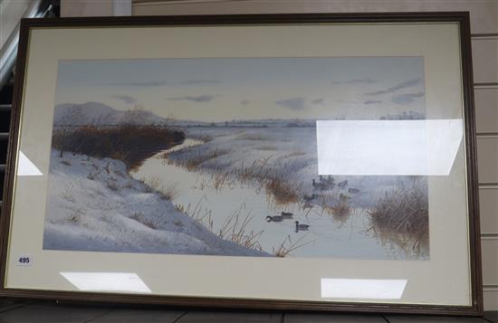 Philip Rickman (1891-1982), watercolour and gouache, Mallard in a wintery river landscape, signed, 40 x 74cm